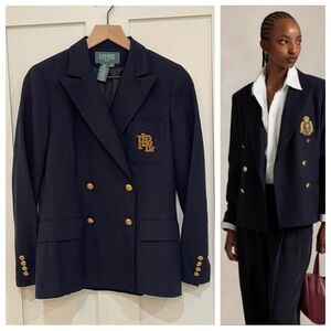 Ralph Lauren 🐎 100% Wool Equestrian Black Gold Double Blazer Jacket 4 4P Petite